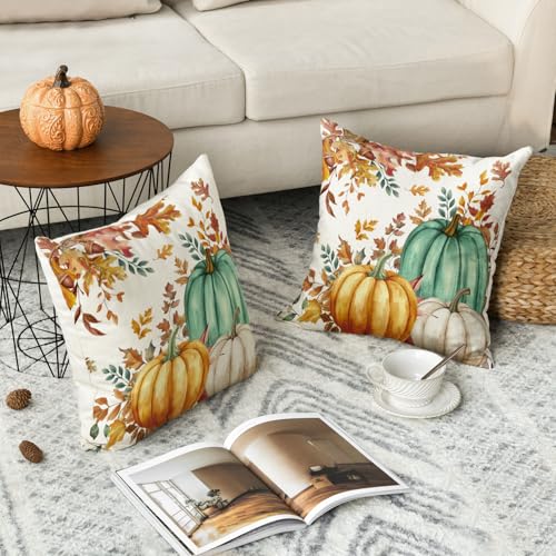 Fall Pumpkin & Maple Leaf Pillow Covers 18x18 Inch Set of 2 - Seasonal Thanksgiving Decor