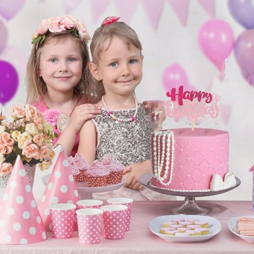 Pink Glitter Happy Birthday Cake Topper for Girls - 5.6x3.5in