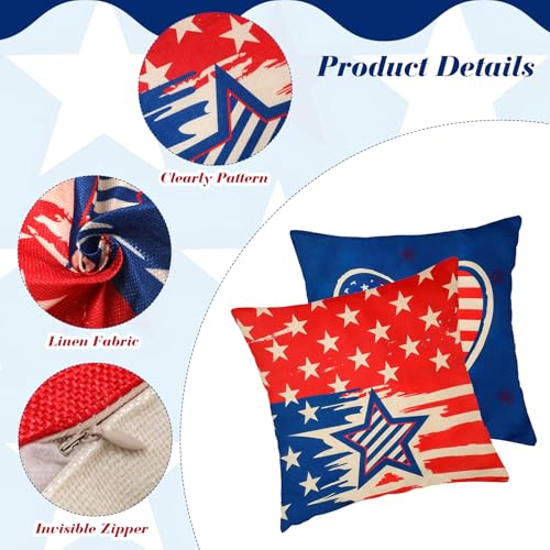 Patriotic 18x18 Linen Pillow Covers Set of 4 - Stars & Stripes