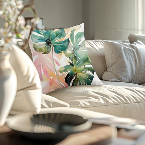 Tropical Monstera Leaf Throw Pillow Cover 18x18 - Boho Plant Design