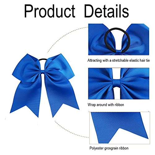 Large Blue Cheer Hair Bows with Ponytail Holders - 8 Inch, 2 Pack