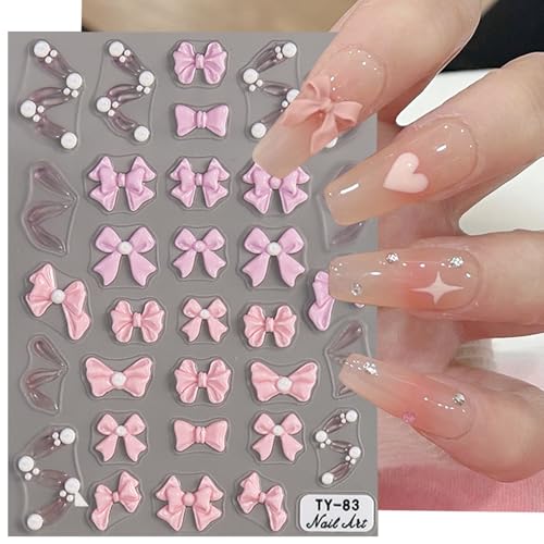 5D Embossed Pink Bow Nail Stickers Kawaii Japanese Style Decals