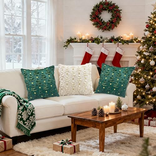 Green Christmas Pillow Covers 18x18 inch Set of 2 - Soft Plush Decor