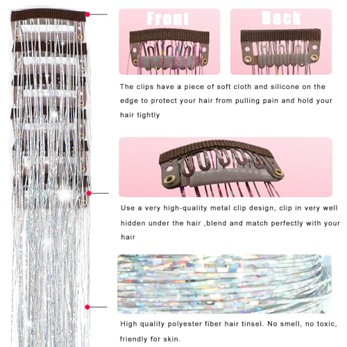 Hair Tinsel Clip In Extensions 20.5 Inch Glitter Fairy Hair 18 Pcs Silver