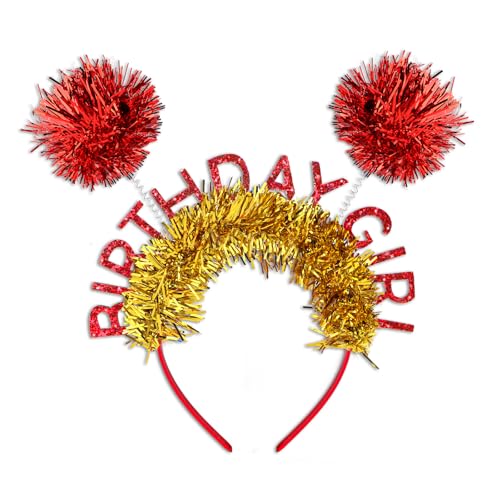 Jaciya Birthday Girl Tinsel Headband with Red Pom Poms and Gold Glitter