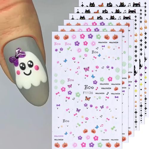KAICCOSO 6-Sheet Halloween Nail Stickers Self-Adhesive Cat Ghost Pumpkin Decals