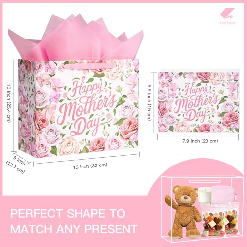 13" Floral Mother's Day Gift Bag with Card & Tissue Paper