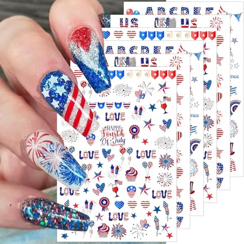 4th of July Nail Stickers 6 Sheets - 3D Self-Adhesive American Flag Decals