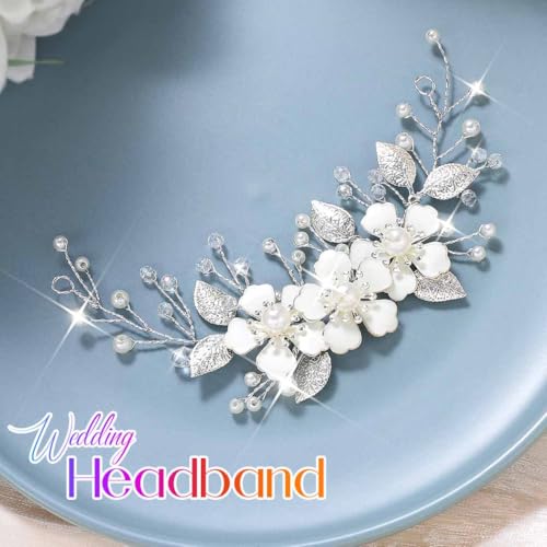 Catery Silver Wedding Hair Vine with Pearls and Crystals for Brides
