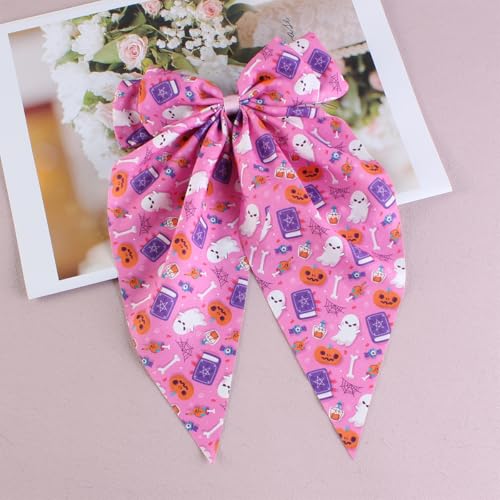 BUNLVDI 2Pcs Halloween Hair Bows Satin Long Tail Clips Pumpkin Ghost