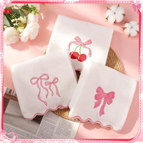 Cute 3-Piece Bow Hand Towels Set - 100% Cotton, 29.5 x 13.7 Inch