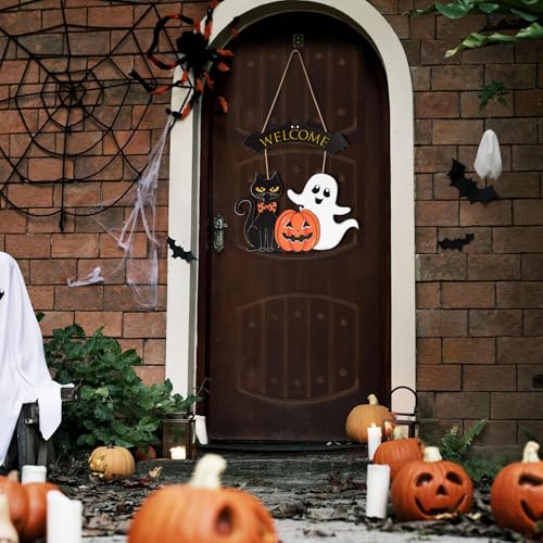 Large Wooden Halloween Wreath with Cat and Pumpkin for Front Door