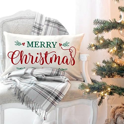 Merry Christmas Pillow Cover 12x20 Inch - Cream Polyester