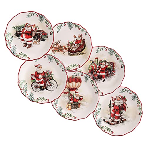 Santa On The Way Scalloped Christmas Appetizer Plates Set of 6 - Holiday Party Decor