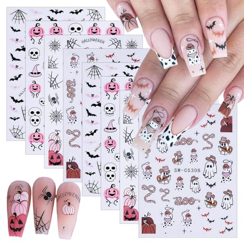 KTAABTR 8 Sheets Halloween Nail Stickers 3D Spiders Skulls & Pumpkins Decals