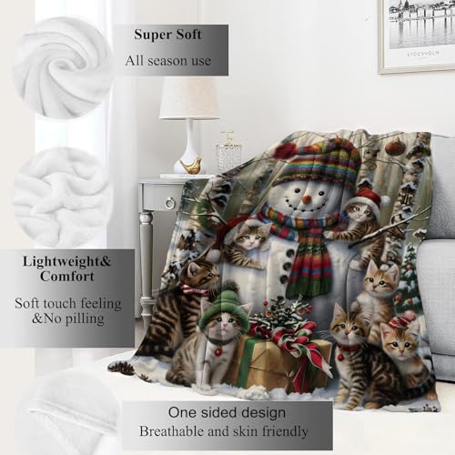Festive Snowman & Cats Blanket - Christmas Throw Blanket 50x60in - Cozy Holiday Decor