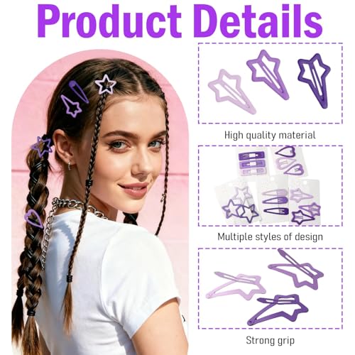 LLMSIX 15pcs Purple Metal Snap Hair Clips Y2K Barrettes for Women