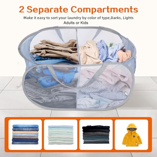 Bemkoo 2 Compartments Collapsible Laundry Basket - Grey, Foldable & Durable for Dorm & Travel