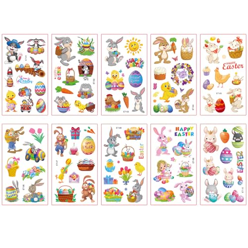 HIFANMM Easter Temporary Tattoos 10 Sheets Bunny Rabbit Stickers