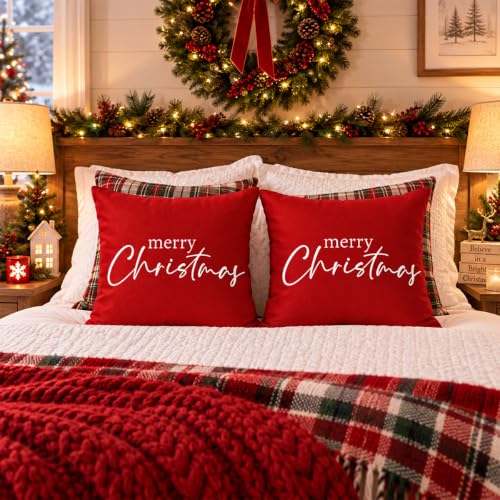Christmas Pillow Covers 2 Pack - Red Merry Christmas Throw Pillow Cases for Holiday Decor