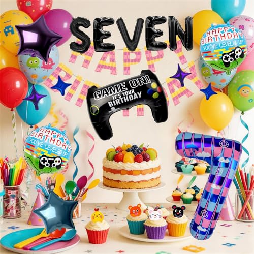 Video Game 7th Birthday Decorations Set with Balloons