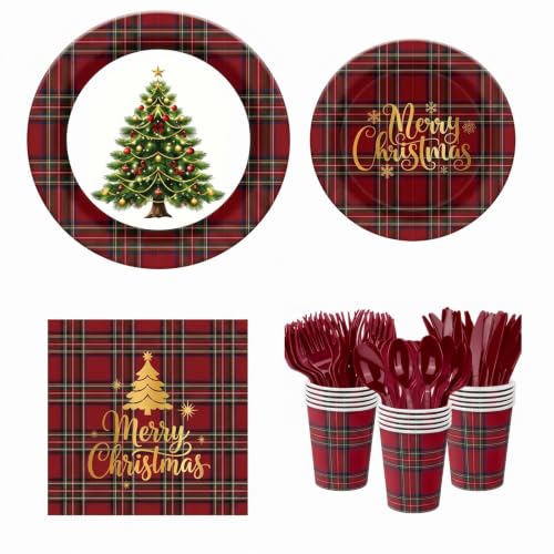 Christmas Party Supplies Set 168 Pcs Red Plaid Dinnerware for 24 Guests - Festive Holiday Tableware