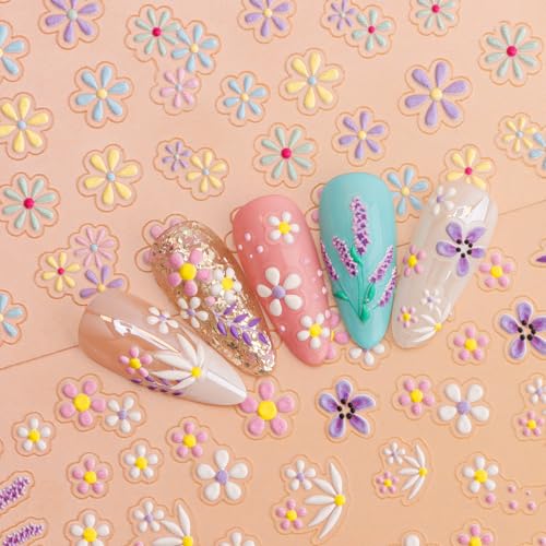 EBANKU 5D Embossed Flower Nail Stickers with Tweezers Spring Floral Decals