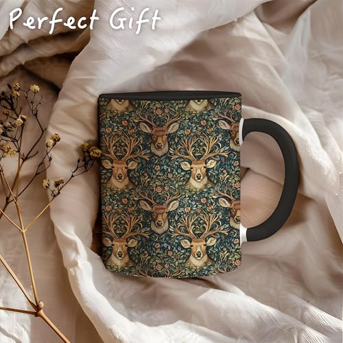 Reindeer Floral Mug - Deer Hunter Gifts, 11oz Ceramic Coffee Tea Cup - Dark Botanical Animal Design
