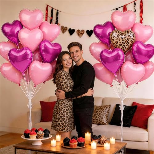 12PCS Hot Pink Leopard Print Heart Balloons - Foil Decorations