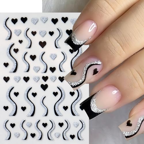 6 Pcs Valentines Glitter Heart Nail Stickers Self-Adhesive Decals
