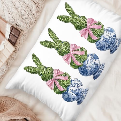 Pink Easter Bunny Pillow Cover 12x20 - Blue Chinoiserie Decor for Living Room & Bedroom