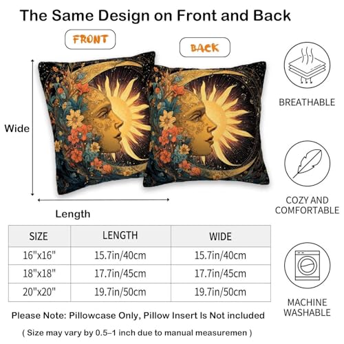 Celestial Sun Moon Throw Pillow Covers Set of 2 - 18x18 Inch