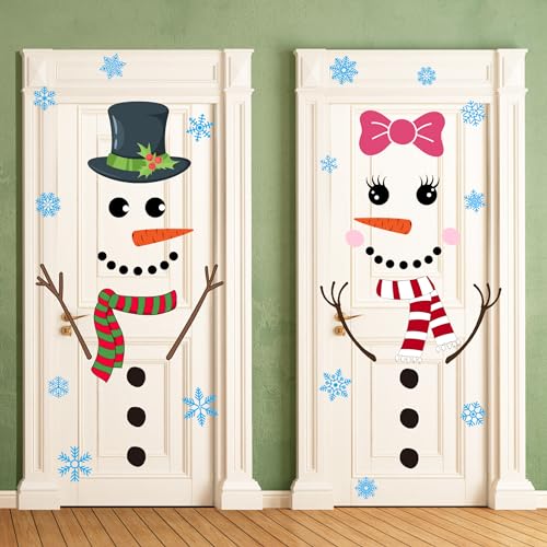 Christmas Snowman Door Stickers Set with Snowflakes - Holiday Wall Decals for Windows, Doors, Fridge