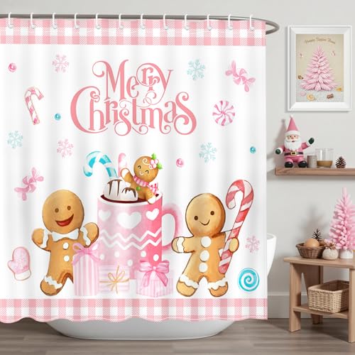 Christmas Shower Curtain Pink Checked Gingerbread Man 72x72 Inch with Hooks