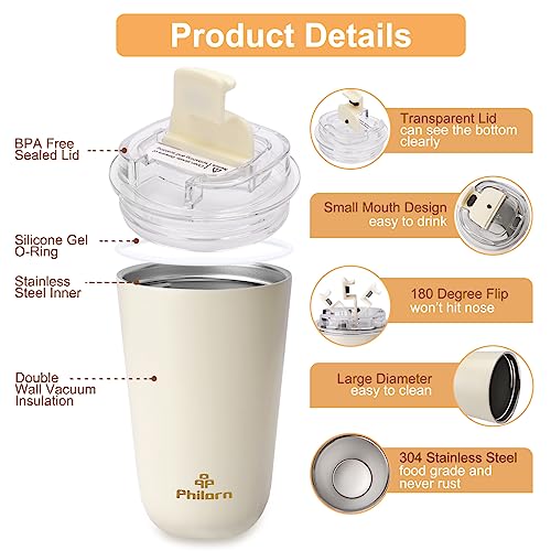 Philorn 12oz White Travel Coffee Mug - Insulated Leakproof Stainless Steel Cup