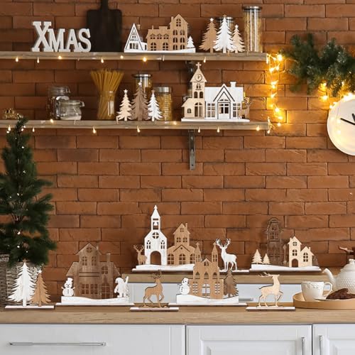 12 Pcs Rustic Christmas Wooden Tree and Elk Table Decor Set