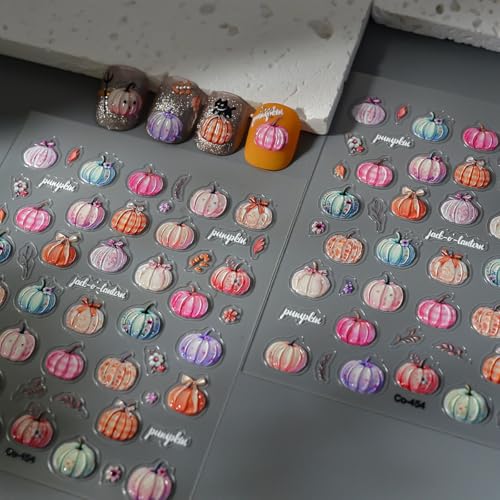 5D Jelly Embossed Fall Nail Stickers Colorful Pumpkin Autumn Decals