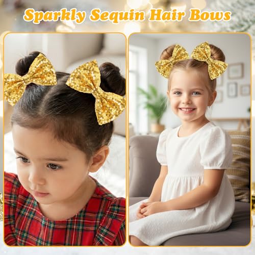MBAIYO Gold Glitter Hair Bows 3-Pack Sparkly Sequin Bow Clips for Girls