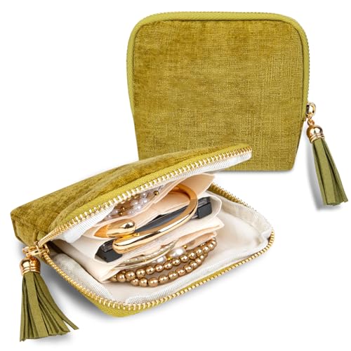 Small Velvet Travel Jewelry Case Green Tassel Organizer Pouch