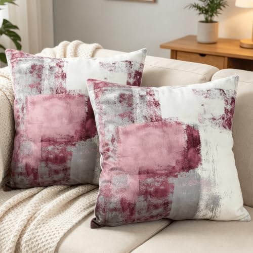 OYIMUA Mauve Pink Velvet Throw Pillow Covers 16x16 Set of 2 Modern Abstract Accent Sofa Pillows