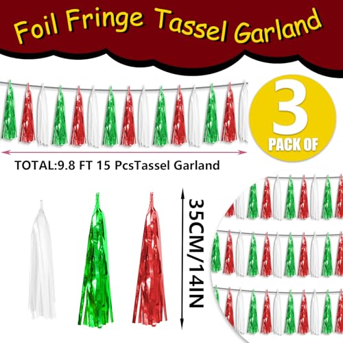 Red Green White Foil Tassel Garland Banner for Party Decorations - 29.5ft