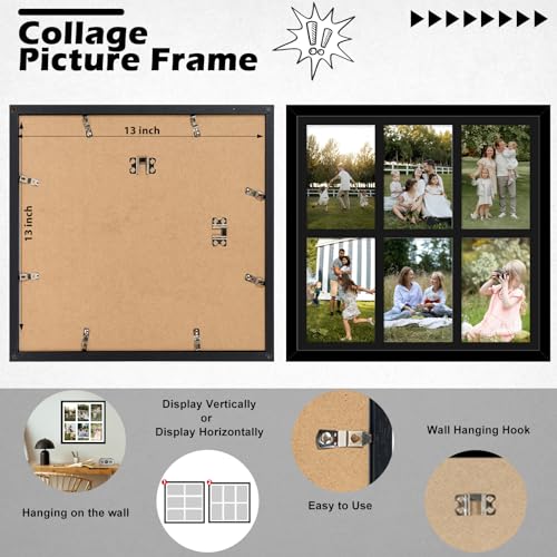 13x13 Collage Picture Frame, Holds 6 4x6 Photos or One 13x13 Print, Black