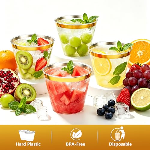 Gold Rimmed 9oz Plastic Cups - 20 Disposable Stemless Wine Glasses