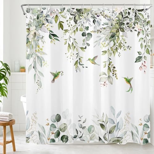 Sage Green Eucalyptus Shower Curtain - 72x72 Inch Floral Hummingbird Print