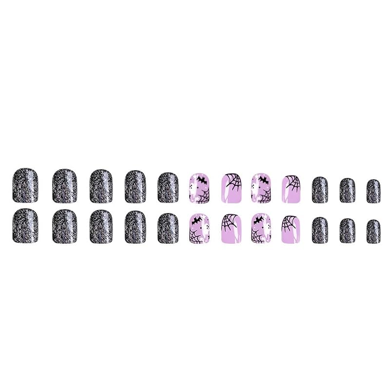 Purple Halloween Press on Nails 3D Bat Ghost Spider Web Glossy Short