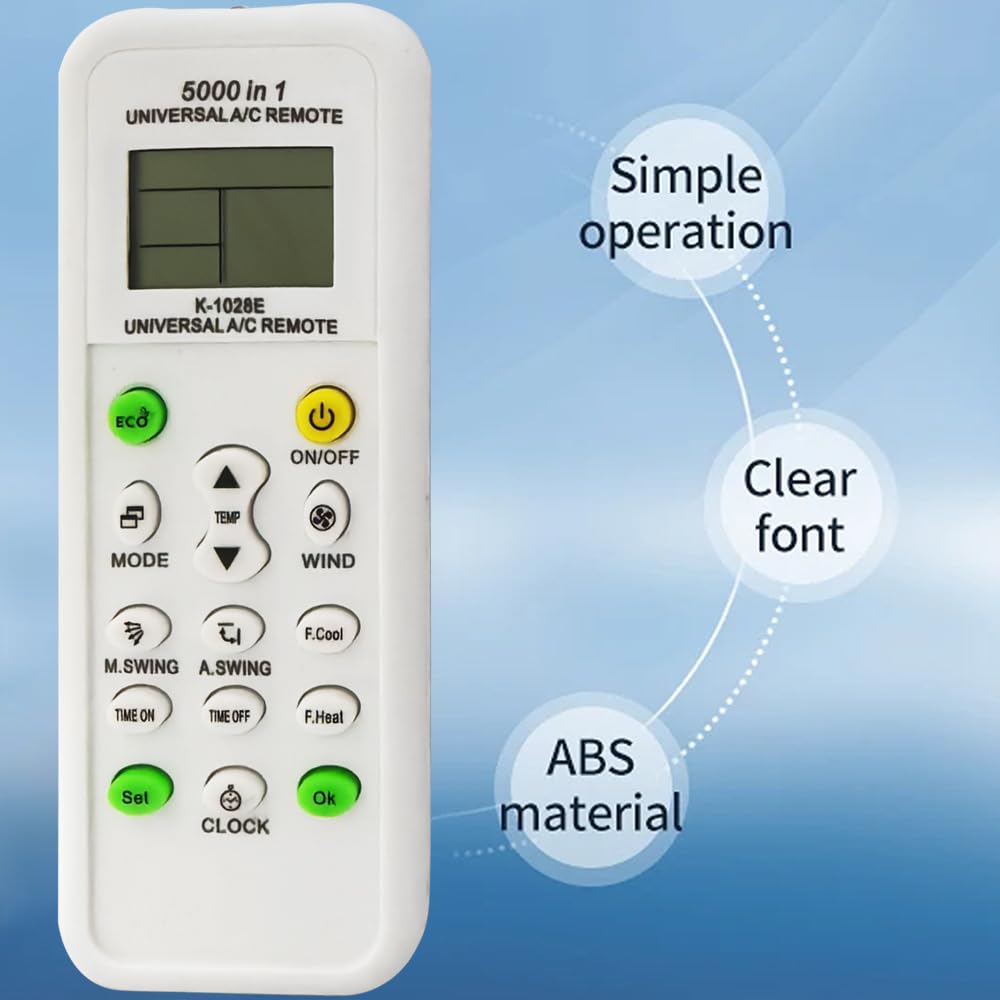 Universal AC Remote Control, 5000-in-1 Multi-Brand Compatible, K-1028E Model, LCD Display