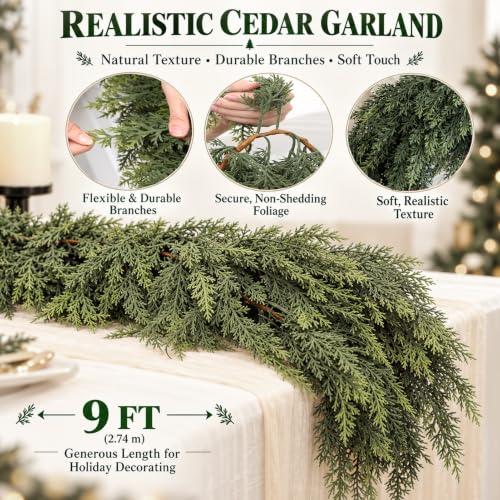 9Ft Real Touch Cedar Garland - Lush Artificial Christmas Greenery for Mantel & Railing