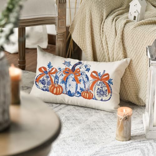 Blue Pumpkin Chinoiserie Pillow Cover - 12x20 Inch Fall Decor