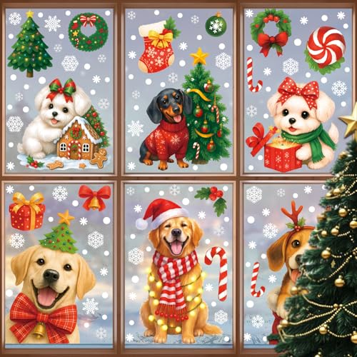 Christmas Window Clings Stickers - Dogs, Snowflakes, Xmas Tree Decorations - 9 Sheets Reusable Static Decals