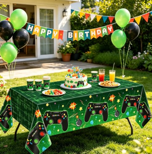 4-Pack Green Video Game Tablecloths for Kids' Parties, 51x86"